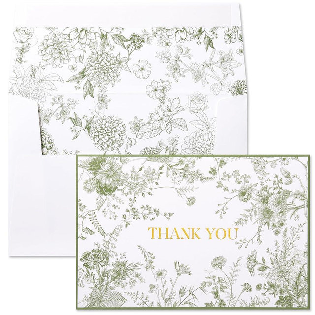 Crisky Green Floral Thank You Cards Gold Foil Greeting Notes Bulk with Envelopes (50 Pack) for Birthday, Baby Shower, Bridal Shower, Wedding, Graduation