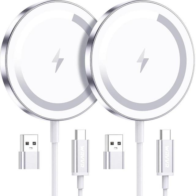 WRVVR for Apple Mag-Safe Charger 2 Pack, Magnetic Wireless Charger for iPhone 16 15 14 13 12 Pro Max Plus mini, 15W Fast Charging Pad, for Airpods 4/3/2/Pro, Strong Magnet, Silver