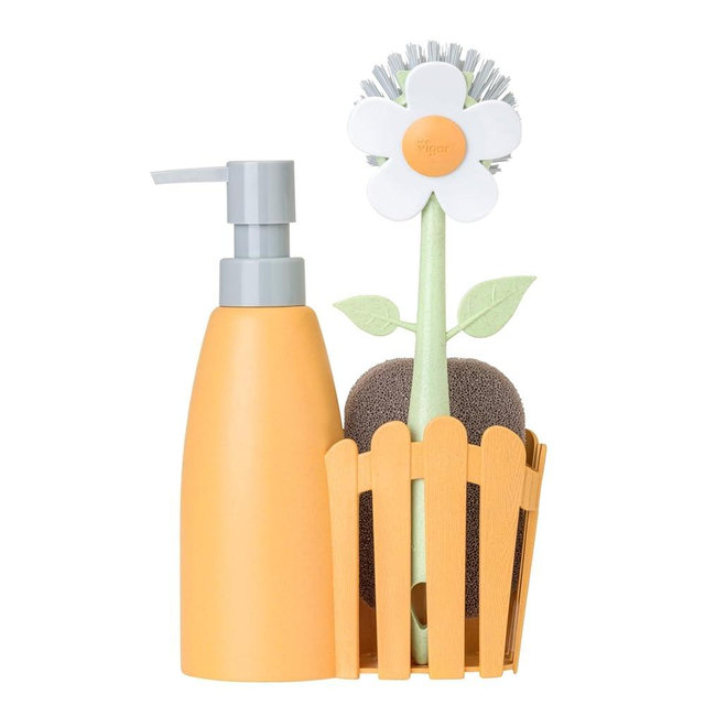 Vigar Florganic Kitchen Soap Dispenser Set, Dish Soap Dispenser with Sponge Caddy and Dish Brush, Daisy-Themed, Perfect Kitchen Sink Caddy, Orange