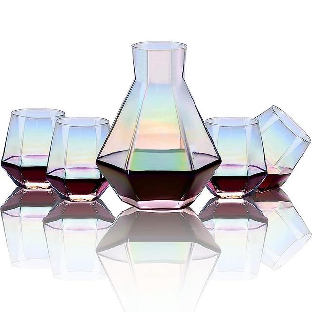 JBHO Iridescent Wine Decanter Set with Glasses, Stemless Wine