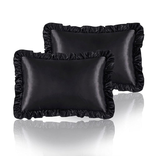 HommxJF Silky Satin Ruffled Pillow Cases for Hair and Skin,Black Silk Pillowcases Queen Set of 2 with Envelope Closure Princess Room Decoration