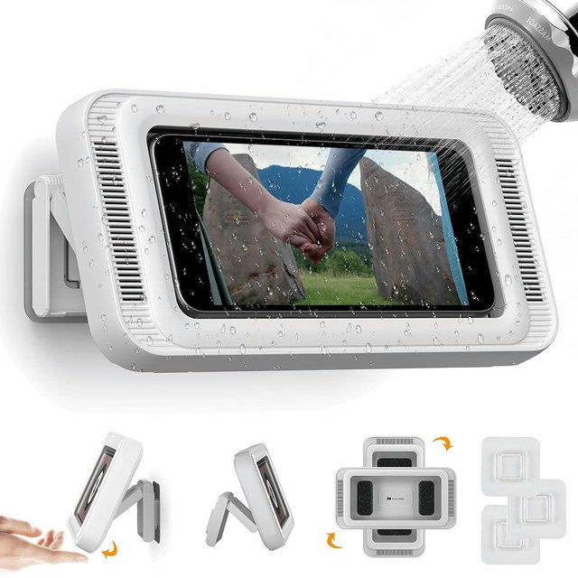 Waterproof Shower Phone Holder with 360° Rotation, Angle Adjustable, Enhanced Sound Quality, Wall Mounted Phone Holder for Bathroom Mirror Bathtub Kitchen, Up to 7 Inch (White)