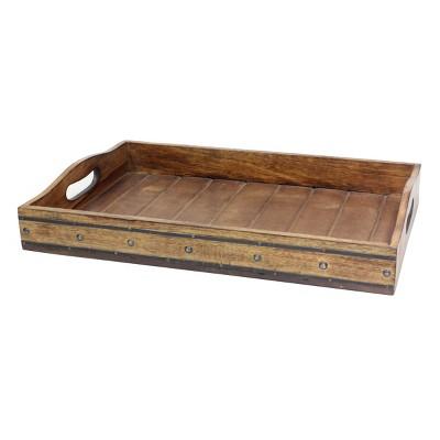 Stonebriar Collection - Rectangular Wooden Tray with Black Metal Trim and Rivets - Brown - Stonebriar