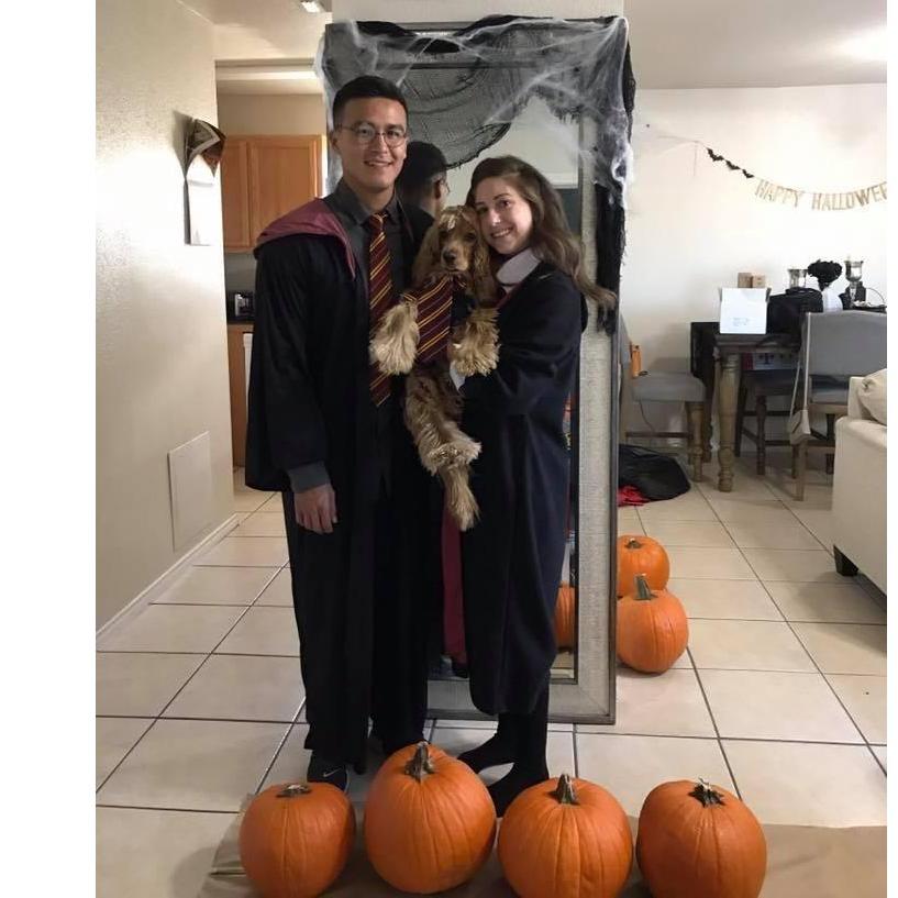 Halloween 2017. Franky was Harry, I was Hermione, and our fur baby Henry was Ron.