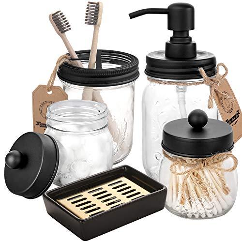 Mason Jar Bathroom Accessories Set 5 Pcs - Mason Jar Soap Dispenser & 2 Apothecary Jars & Toothbrush Holder &Ceramic Drain Soap Dish - Rustic Farmhouse Decor Bathroom Countertop Vanity Organize, Black