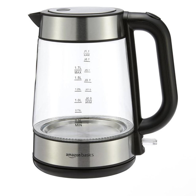 Amazon Basics Electric Kettle with Glass Carafe for Tea and Coffee, BPA-Free, Fast Boiling, Auto Shut-Off, 1.7 Liter, 1500W, Black and Silver