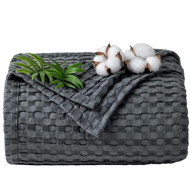 LBRO2M Bamboo Cotton Cool Waffle Blanket,Bed Throws Blankets Sofa,Super Soft Lightweight Cooling Weave for All Season (Twin, Dark Grey)
