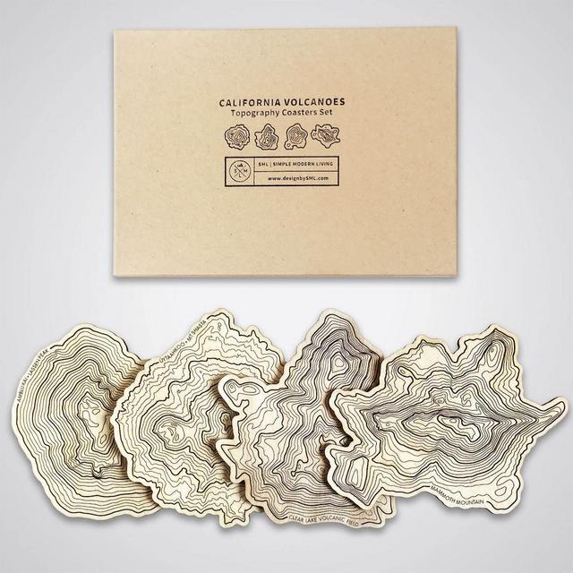 California Volcanoes Topographic Map Wooden Coasters • California Mountains • Coaster Set of 4
