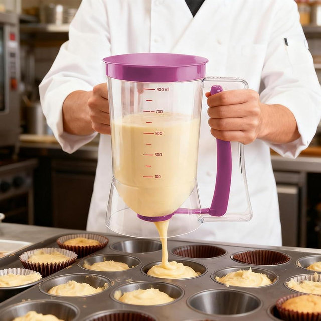 Pancake Batter Dispenser - Cookie Cupcake Cupcakes Waffle Waffles Separator Tool with Squeeze Handle, Easy Pour & Measuring Label for Griddle, Baking Supplies, Crepe & Cake Muffin Mix, Purple
