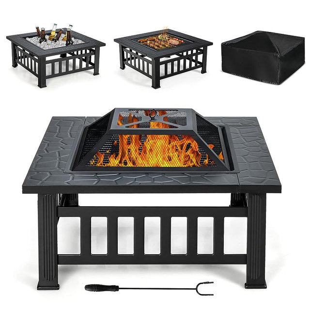 Tangkula 3 in 1 Outdoor Fire Pit, 32 Inch Square Steel Fireplace with Spark Screen, Log Grate, BBQ Grill, Poker, Rain Cover, Wood Burning Fire Pit Stove for Camping, Outdoor Heating, Bonfire