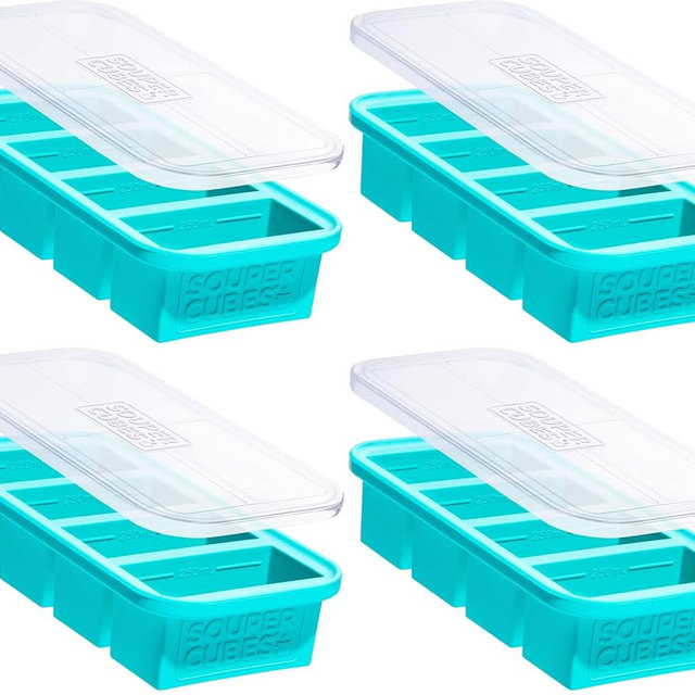 Souper Cubes 1 Cup Silicone Freezer Molds - Soup Cubes Perfect for Freezing Broth, Rice, Leftovers and More - Silicone Freezer Trays with Lids for Meal Prep - Aqua - 4-Pack