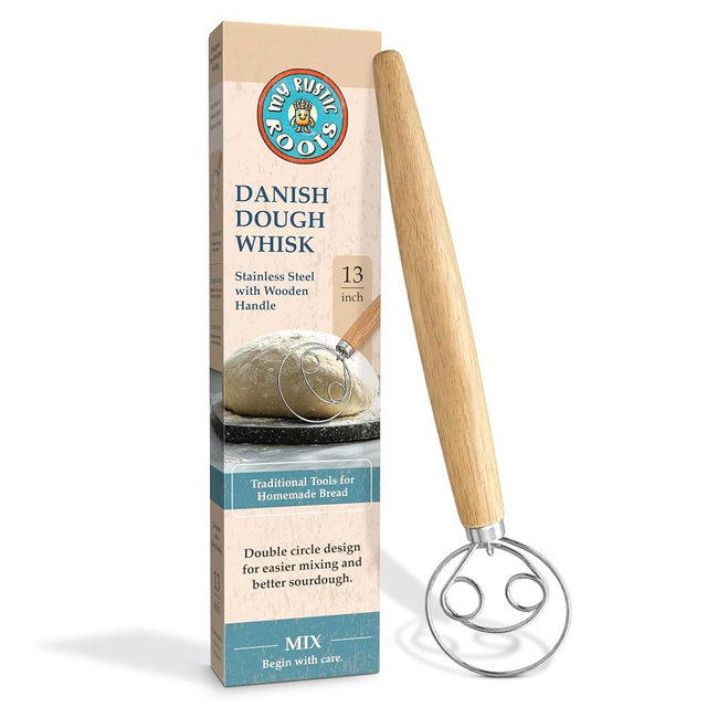 MY RUSTIC ROOTS - Danish Dough Whisk - 13 inch Stainless Steel Sourdough Whisk with Long Wooden Handle - Durable Bread Dough Mixer - Perfect Stirrer for Artisan Loaves, Pizza Dough & Pancakes