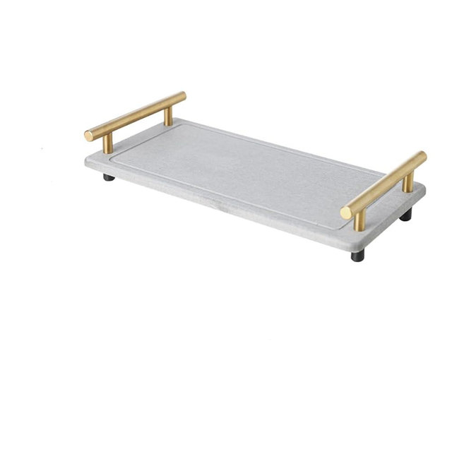 GianAbor Instant Dry Water Absorbing Stone Tray for Sink, Cup Dry Stone with Stainless Steel Handle and Feet for Keeping Kitchen and Bathroom Neat and Clean (Large, Light Grey & Gold Handle)
