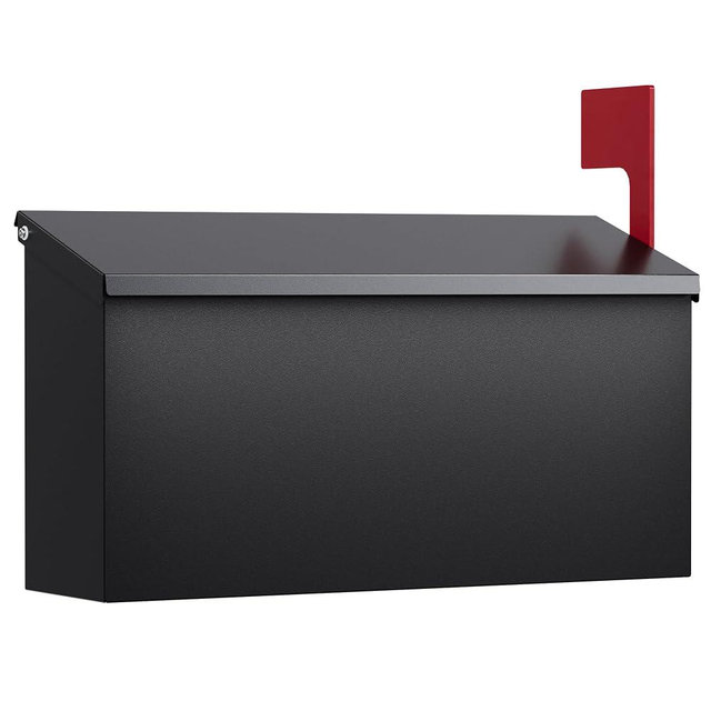 VERSASKY Wall-Mount Mailbox for Outside, Large Capacity Rust-Proof Mail Box with Stay-Open Lid & Red Flag Kit, Galvanized Steel Weather-Resistant Post Box for House Outside, 13"x4.1"x6.9", Black