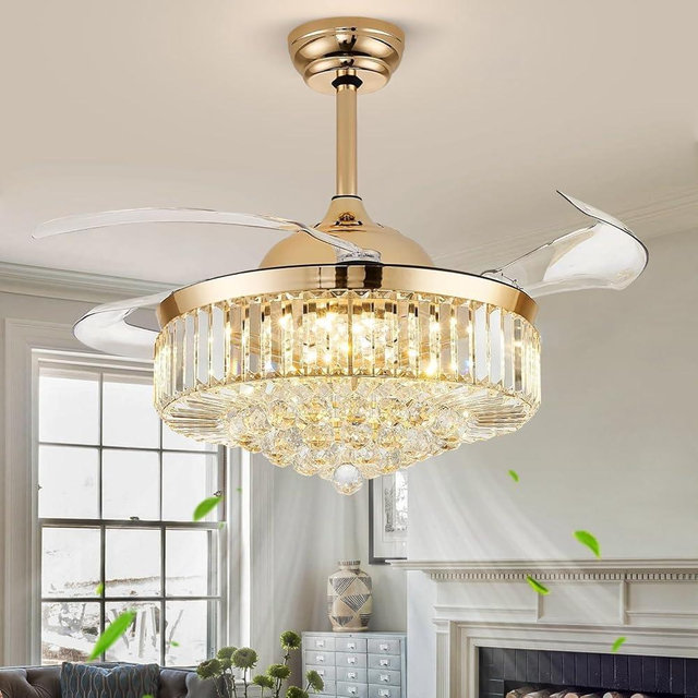 42'' Fandelier Ceiling Fans with Light, Chandelier Ceiling Fan, Retractable Crystal Ceiling Fan for Bedroom, Living Room, 3 Color Change, LED Dimmable, 6 Speeds, Reversible DC Motor-Gold