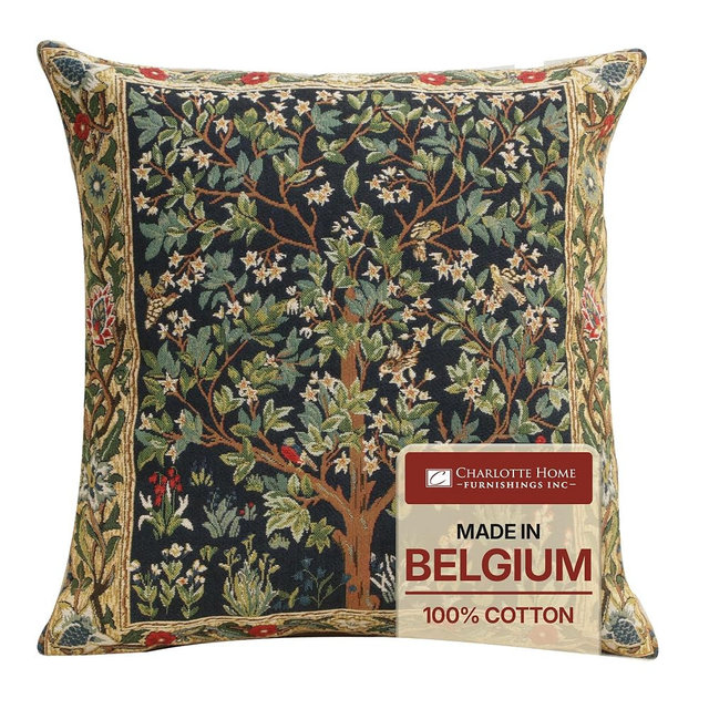 Charlotte Home Furnishings Inc Tapestry Tree of Life Blue Throw Pillow Covers 18x18, European 100% Cotton Jacquard Woven Fabric, Boho & Vintage Inspired Decorative Cushion for Living Room and Sofa