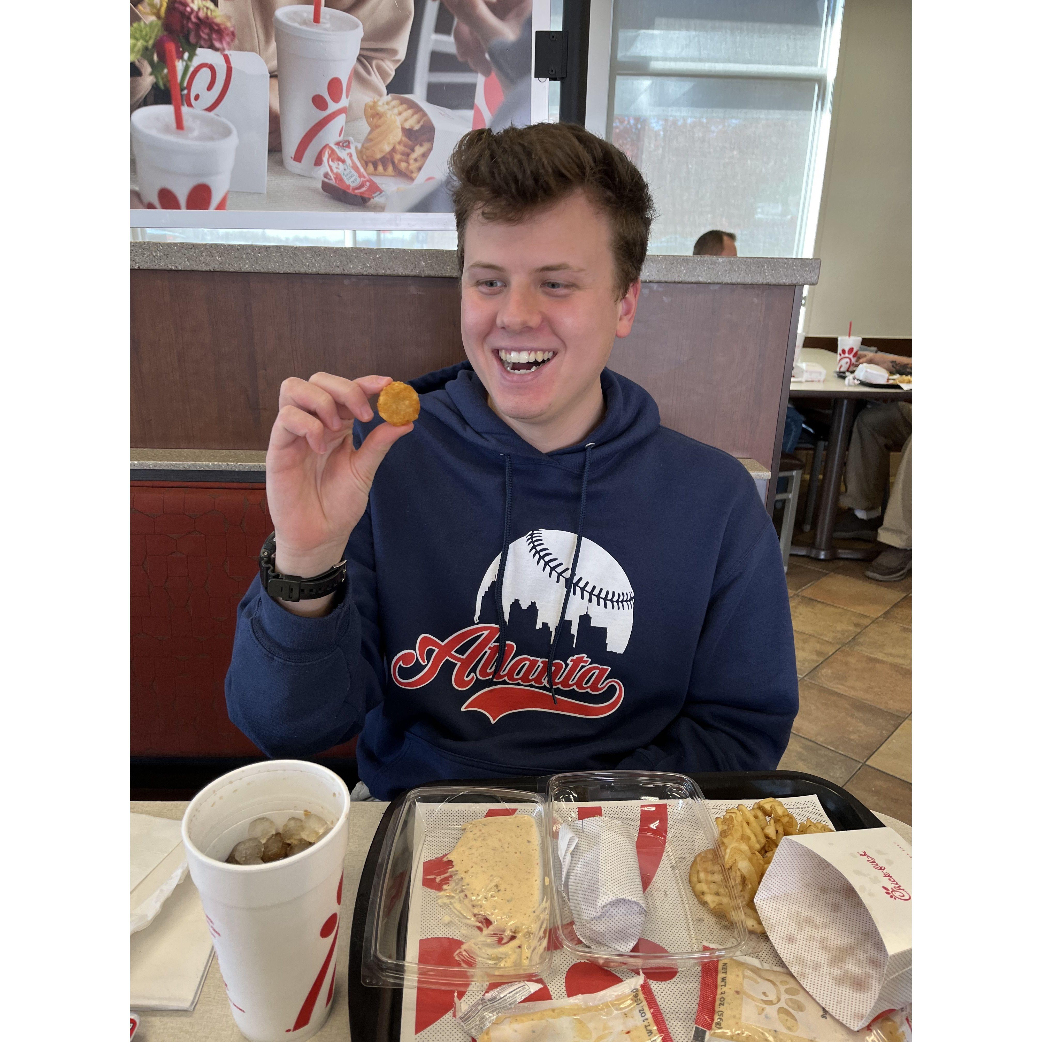 Carson discovering a hash brown in his CFA fries! November 2022