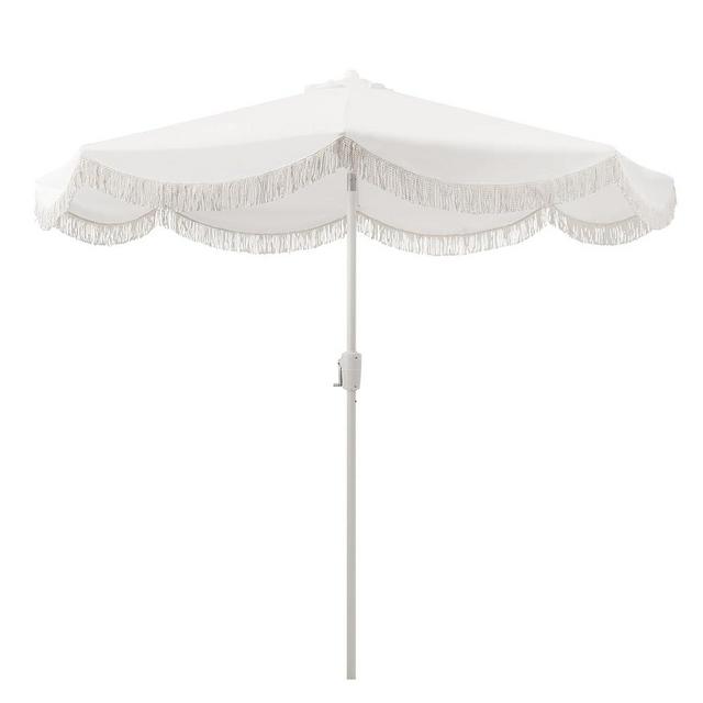 Tempera 9ft Auto Tilt Scalloped Patio Umbrellas with Fringe, Outdoor Table Umbrellas with Fade Resistant Canopy, 8 Sturdy Rids, Luxurious Vintage Umbrellas for Lawn, Pool, Deck, Balcony