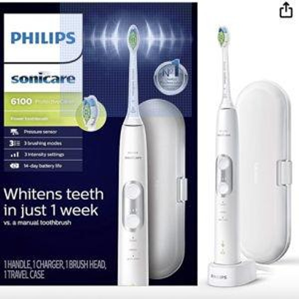PHILIPS Sonicare ProtectiveClean 6100 Rechargeable Electric Toothbrush, with Pressure Sensor, 3 Cleaning Modes, SmarTimer and QuadPacer, 14-Day Battery Life, Travel Case, White, Model HX6877/21