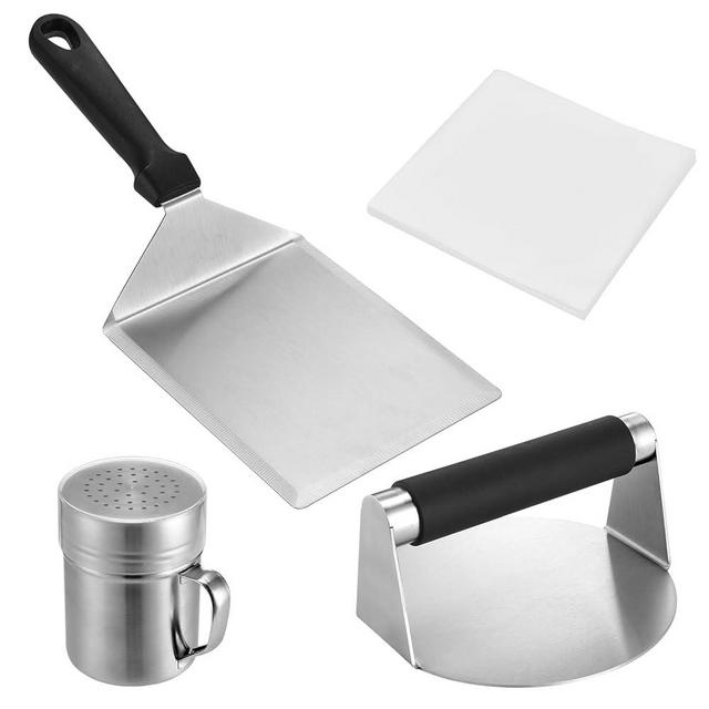 Whaleme Smashed Burger Press Kit with Stainless Steel Press, Grill Spatula, Seasoning Shaker & Hamburger Patty Papers - Perfect for Blackstone Griddle, BBQs, and Gift Giving