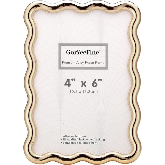 GorYeeFine Gold 4 x 6'' High-End Zinc Alloy Picture Frame with Wave Design - Modern Glamour 6x4'' Pictures Frames for Desktop and Wall Décor