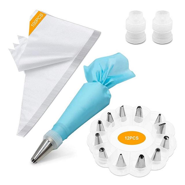 Piping Bags and Tips, Cake Piping Bags and Tips Suitable for Beginners Included 100PCS 16 Inch Disposable Piping Bags with 12 Piping Tips Set, 2 Coupler and 1 Reusable Pastry Bags