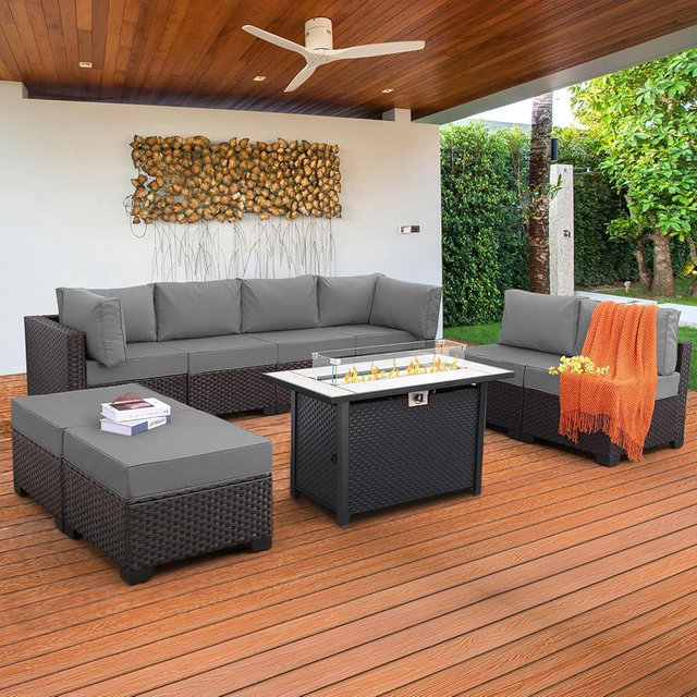 Lviden 9 Pieces Wicker Patio Furniture Set Outdoor PE Rattan Sectional Conversation Sofa Set with Grey Cushions and 45” Gas fire Pit Table
