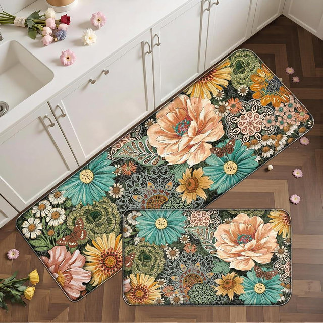 Tyrot Boho Floral Kitchen Mats for Floor 2PCS Anti Fatigue Mats for Kitchen Floor Cushioned Non Slip Waterproof Memory Foam PVC Kitchen Rugs Set for Sink,Office,Laundry 17.3"x28"+17.3"x47"