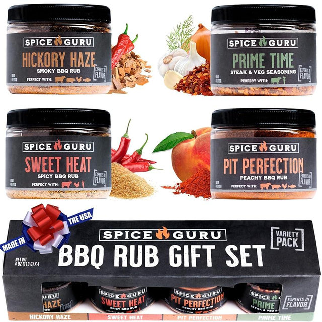Spice Guru BBQ Rub Set - 4 Flavor BBQ Seasoning Set - Gifts for Men Who Cook - Dad Gifts for Dad - Men Gifts - Birthday Gifts for Men - BBQ Grilling Accessories - Grilling Gifts for Men