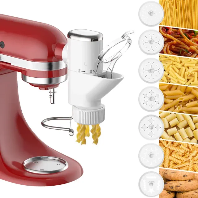 GVODE 7-in-1 Pasta Attachment for 7 Pasta Shapes, Compatible with KitchenAid® Stand Mixers, Cookie Disc & Brush