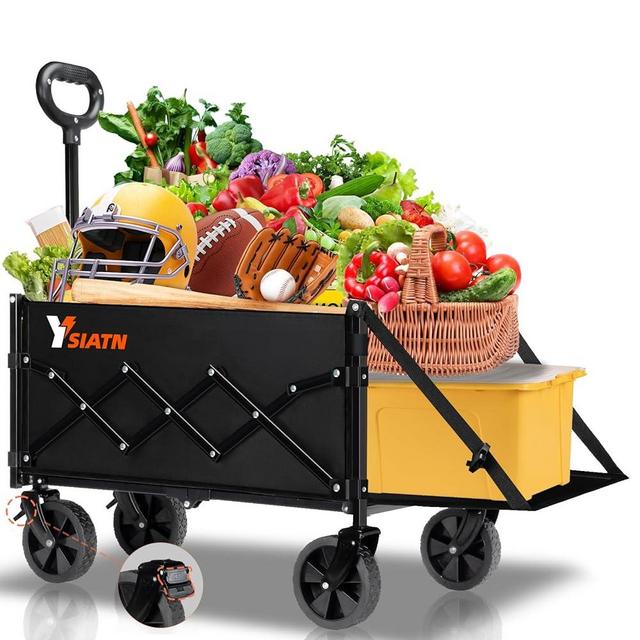 YSIATN Collapsible Folding Wagon Cart with Tailgate - 300lbs Heavy Duty Foldable Utility Wagon and Brake Wheels - 100L Lightweight Grocery Wagons for Shopping Camping Sports Garden, Black