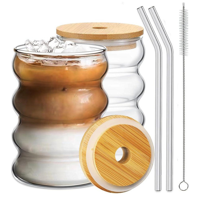 Ework4U 2 Pcs Drinking Glasses with Bamboo Lids and Glass Straw 14oz Glassware Set,Cocktail Glasses,Iced Coffee Glasses,Beer Glasses,Ideal for Water,Soda,Tea,Gift - with Cleaning Brushe