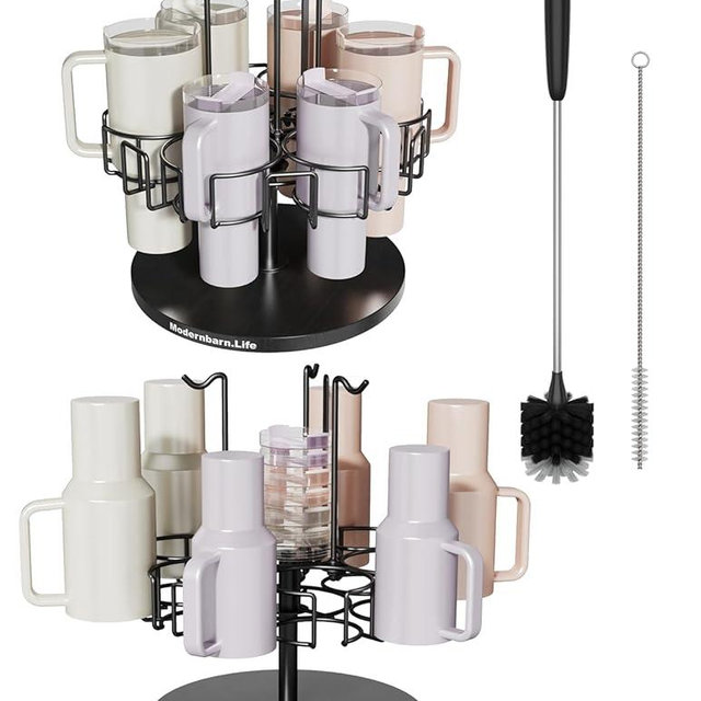 Water Bottle Organizer for Cabinet or Counter - Rotating Non-Slip Tumbler Organizer Holder for Stanley 40 Oz Cup with Handle - 2-In-1 Tumbler Display Storage Rack & Water Bottle Drying Rack - Black
