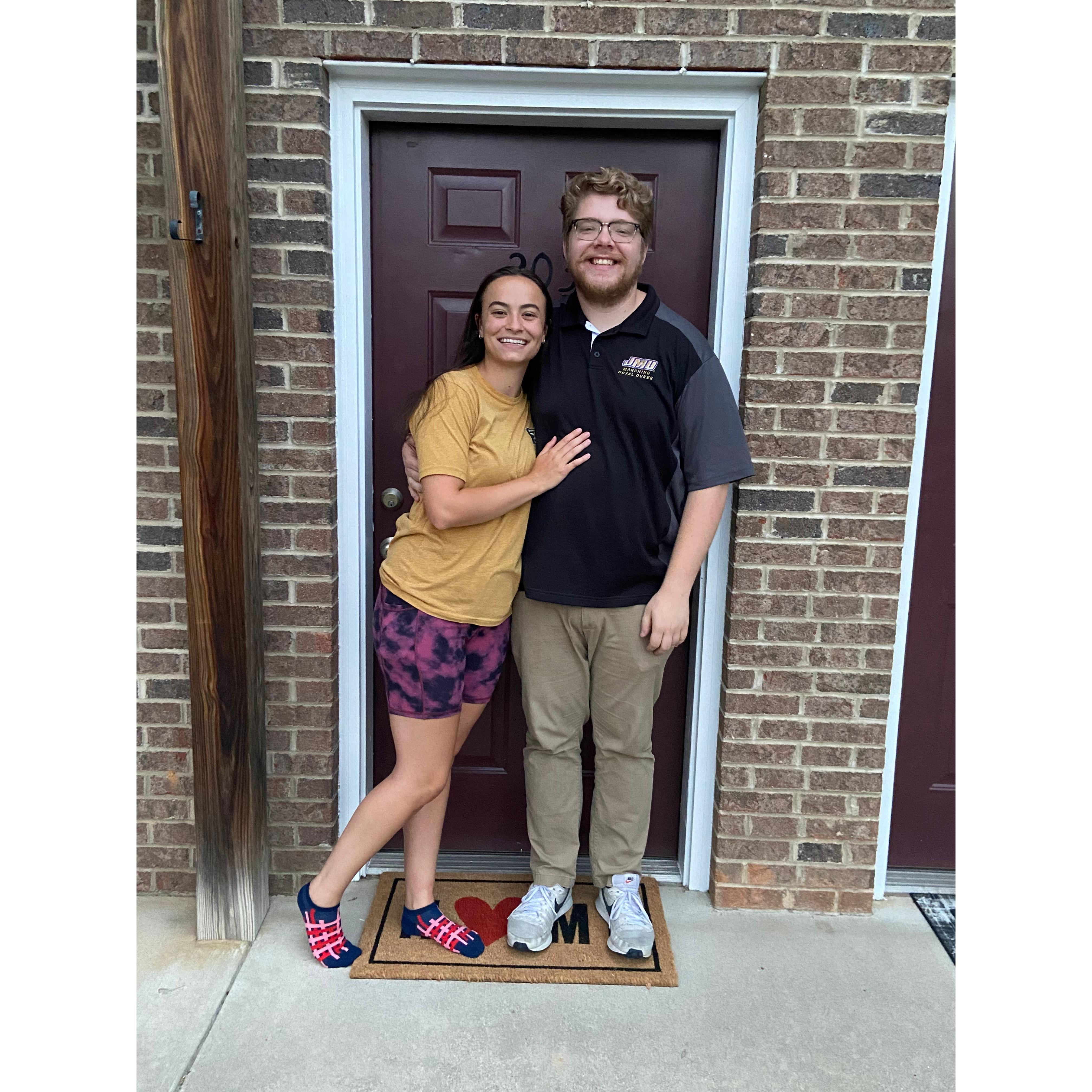 This is a pic in front of our first apartment together in Staunton!