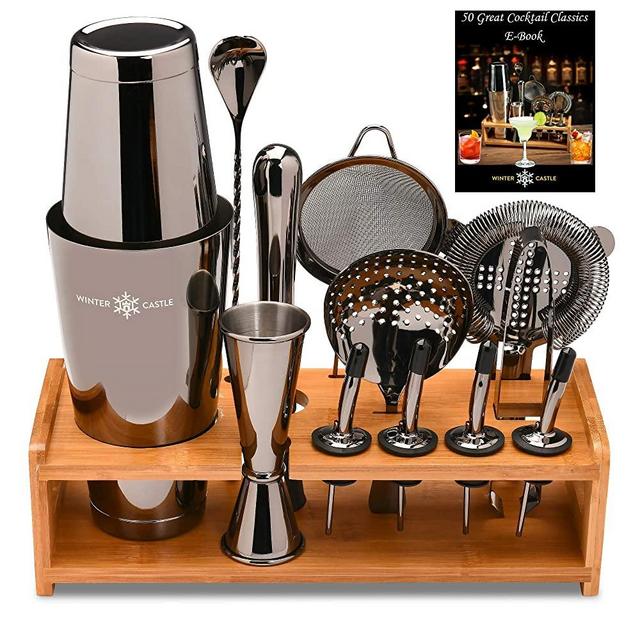 Black Pro Cocktail Shaker Set by WinterCastle-The 18 piece Ultimate Bartender Kit: Boston Shaker, Jigger, Muddler, Bar Spoon, 3 Strainers, 4 Pourers with Caps, Tongs, Bamboo Stand, FREE Recipe EBook