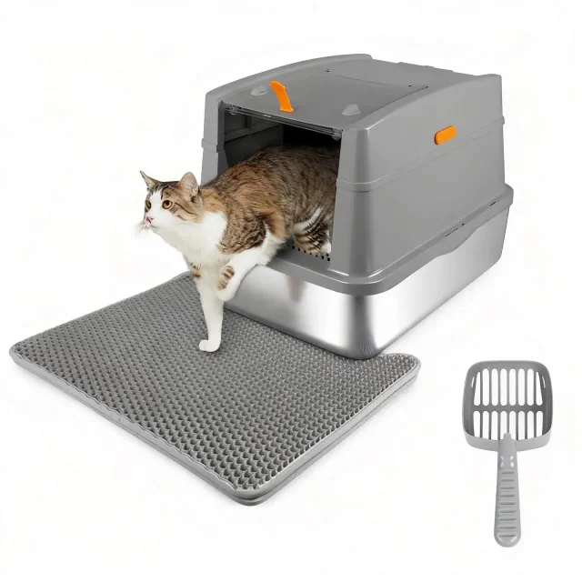 Allforpaws Cat Litter Box Hooded Stainless Steel Base, Gray