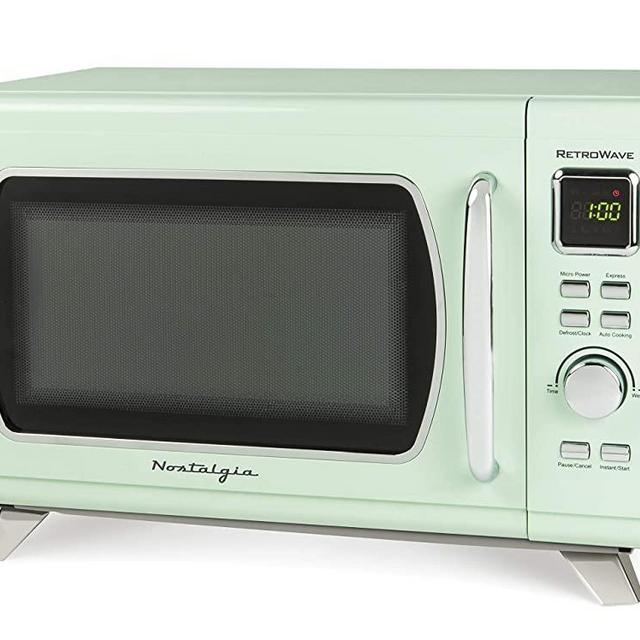 Nostalgia MCMO9FTSG Mid-Century Retro 0.9 Cu. Ft. 900-Watt Countertop Microwave Oven With LED Display, 5 Power Levels, 8 Cook Settings, Seafoam Green