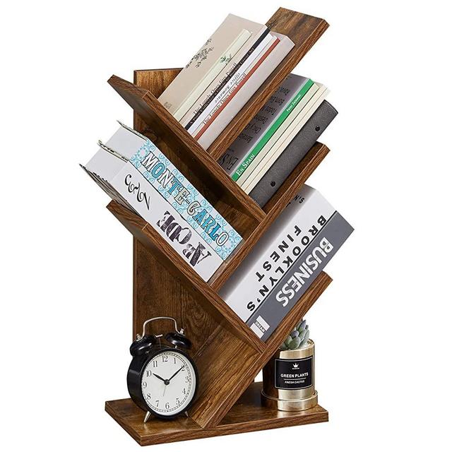 SUPERJARE Tree Bookshelf, 5-Tier Floor Standing Tree Bookcase in Living Room Home Office, Desktop Bookshelves Storage Rack for CDs Movies Books - Rustic Brown