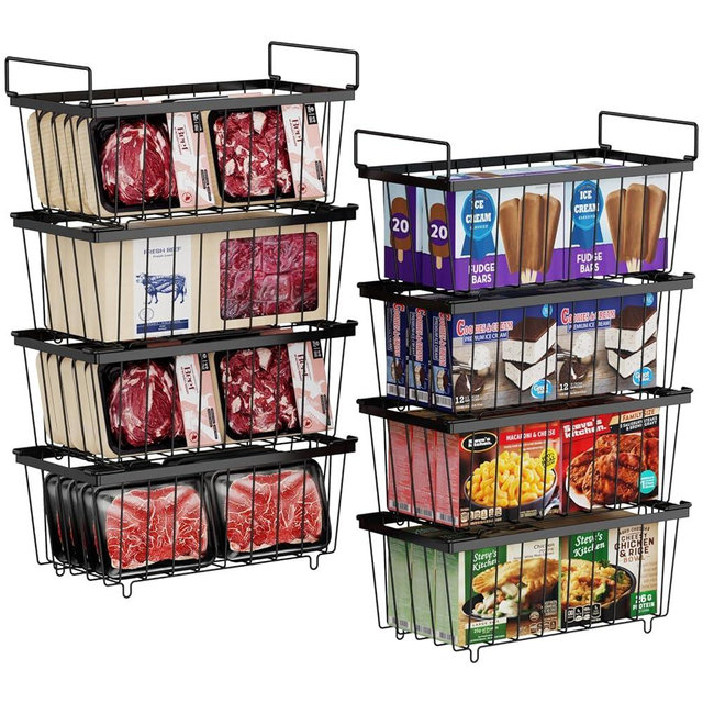 iSPECLE Freezer Organizer Bins - 8 Pack Stackable Chest Freezer Organizer for 7 Cu.FT Deep Freezer Sort Frozen Meats, Deep Freezer Organizer Bins with Handle Easy to Get Food from Bottom, Black