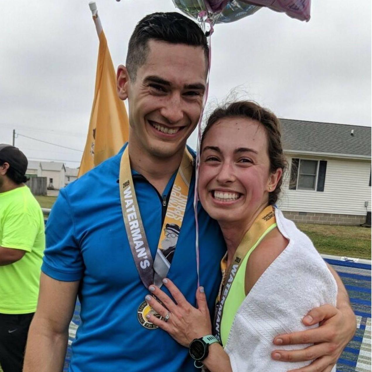 We're engaged! Sweaty and about 1 minute post-race .... but engaged!