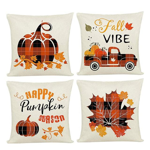 Joyshare Fall Throw Pillow Covers 18x18 Inch Set of 4 Autumn Decorations Cotton Pumpkin Truck Cushion Case for Farmhouse Sofa Couch Home Decor