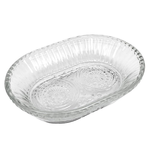 Clear Glass Soap Dish for Cleaner Shower, Oval Bar Soap Holder with Embossed Raised Sides for Bathroom Sink and Kitchen