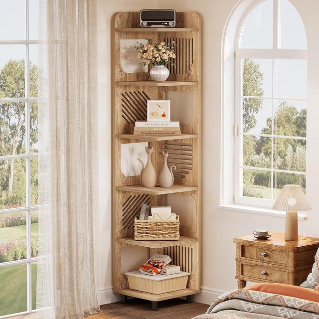 Tribesigns 6-Tier Tall Corner Shelf, 71-Inch Rustic Narrow Corner Bookshelf Bookcase with Square Rack, Freestanding Corner Display Storage Shelf Organizer for Living Room, Kitchen, Office, Natural