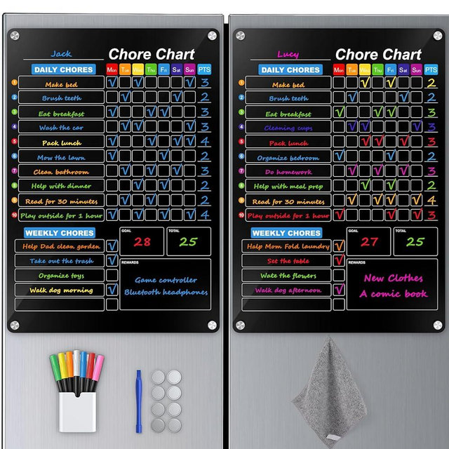 2-Pack Acrylic Magnetic Chore Chart for Kids, 12"x16" Daily/Weekly Easy-Check Reward Responsibility to Do List, Fridge Dry Erase Board for Multiple Kids Teens Adult Family with 7 Markers
