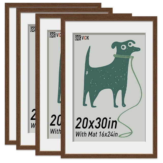 VCK 20x30 Poster Frame 4 Pack, Brown Wood Picture Frame with Polished Plexiglass, Display Photo 16x24 with Mat or 20 x 30 Without, for Home, Office, Studio and Gallery, Wood Grain Series, Wall Hanging