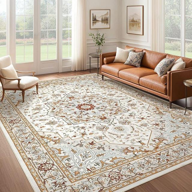 Area Rug for Living Room: 10x14 Soft Washable Rugs Vintage Large Non-Slip Backing Stain Resistant Carpet for Bedroom Dining Room or Home Office Home Decor - Beige/Orange
