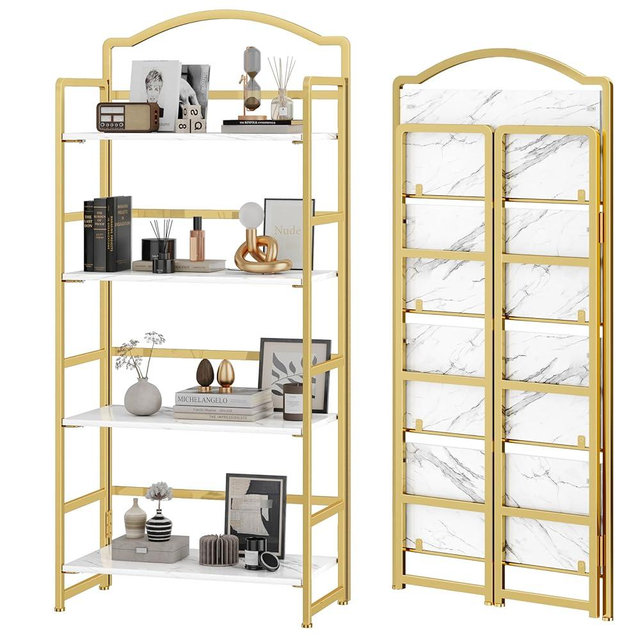 JSB No Assembly Folding Bookshelf, 4 Tier Book Shelf for Storage, Vintage Wood Foldable Bookcase for Living Room, Bedroom, Office Organization Shelves