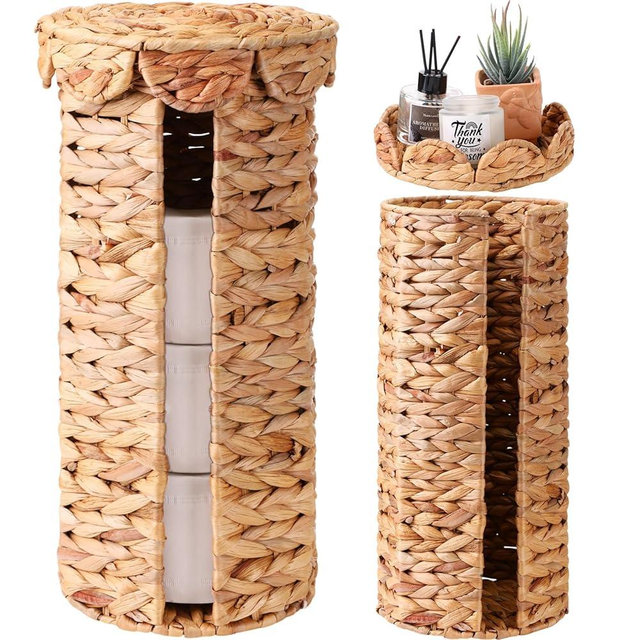Fiwochic Scalloped Wicker Toilet Paper Holder with Lid Boho Rattan Toilet Paper Roll Holder Stand for Bathroom Organizers and Storage Farmhouse Tissue Storage for 3 Mega Rolls