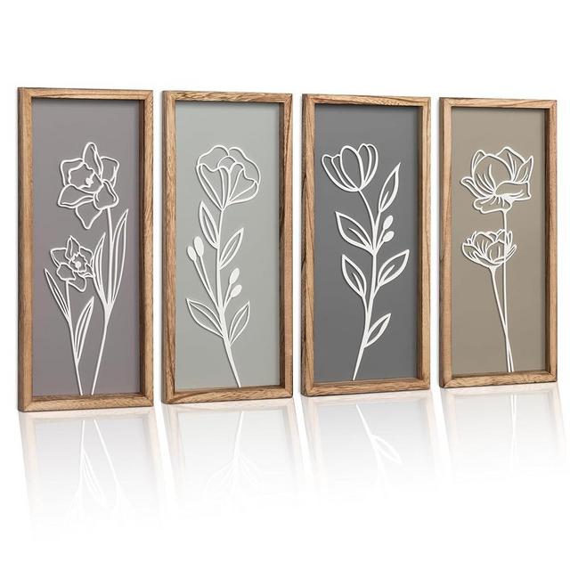 3D Wooden Floral Bathroom Wall Decor (Set of 4) Lightweight, Ready-to-Hang Framed Wall Art For Living Room, Bedroom, or Office - Premium Boho Botanical Farmhouse Decorations - Gift-Boxed
