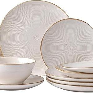 famiware Plates and Bowls Sets for 4, 12 Pieces Stoneware Dinnerware Sets, Dishes Set, Reactive Glaze Dishware Sets, Dishwasher & Microwave Safe, Tempus Series - Antique White
